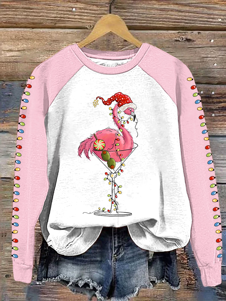 Christmas Flamingo Colorful Lights Print Casual Cozy Sweatshirt