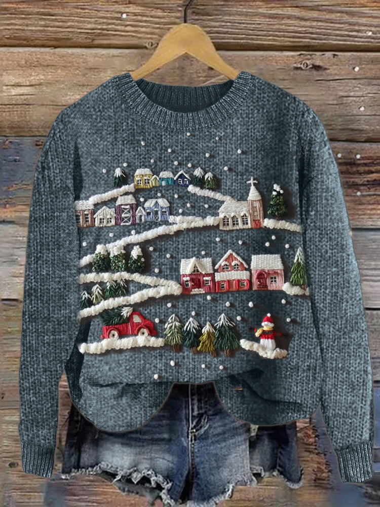 Snowy Christmas Town Embroidery Art Cozy Knit Sweater