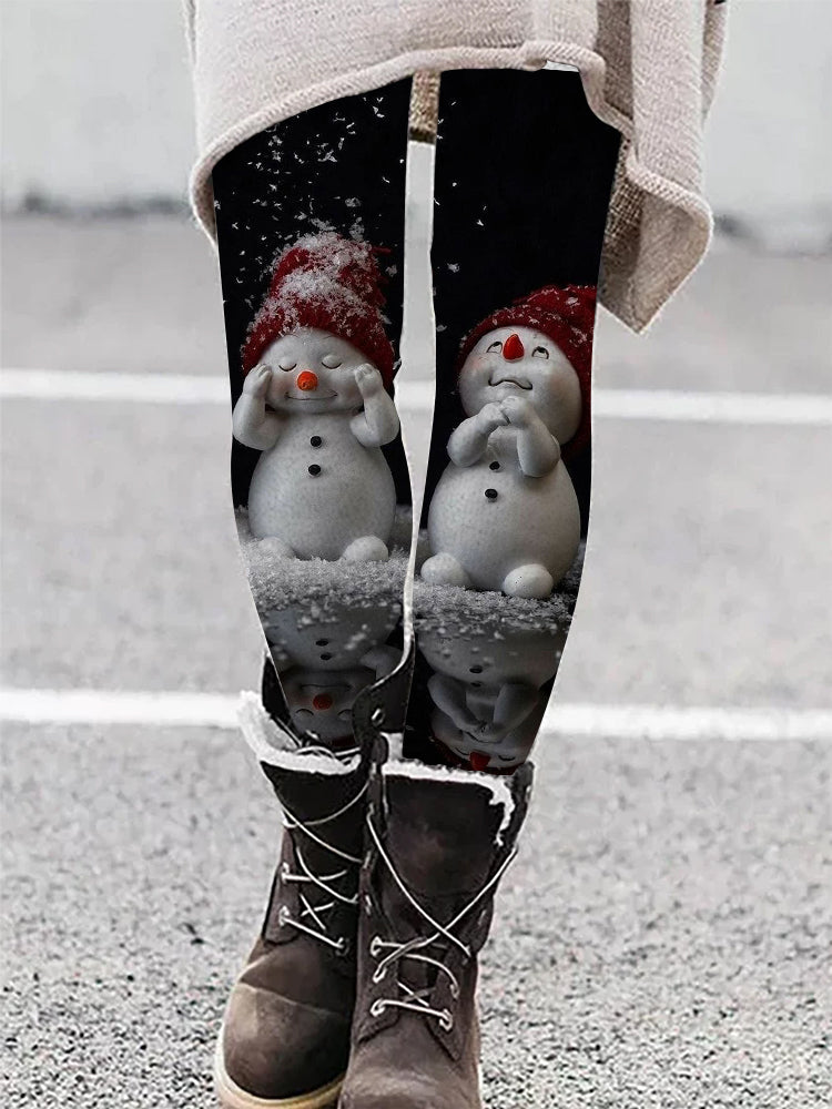 Cute Christmas Snowman Print Casual Leggings