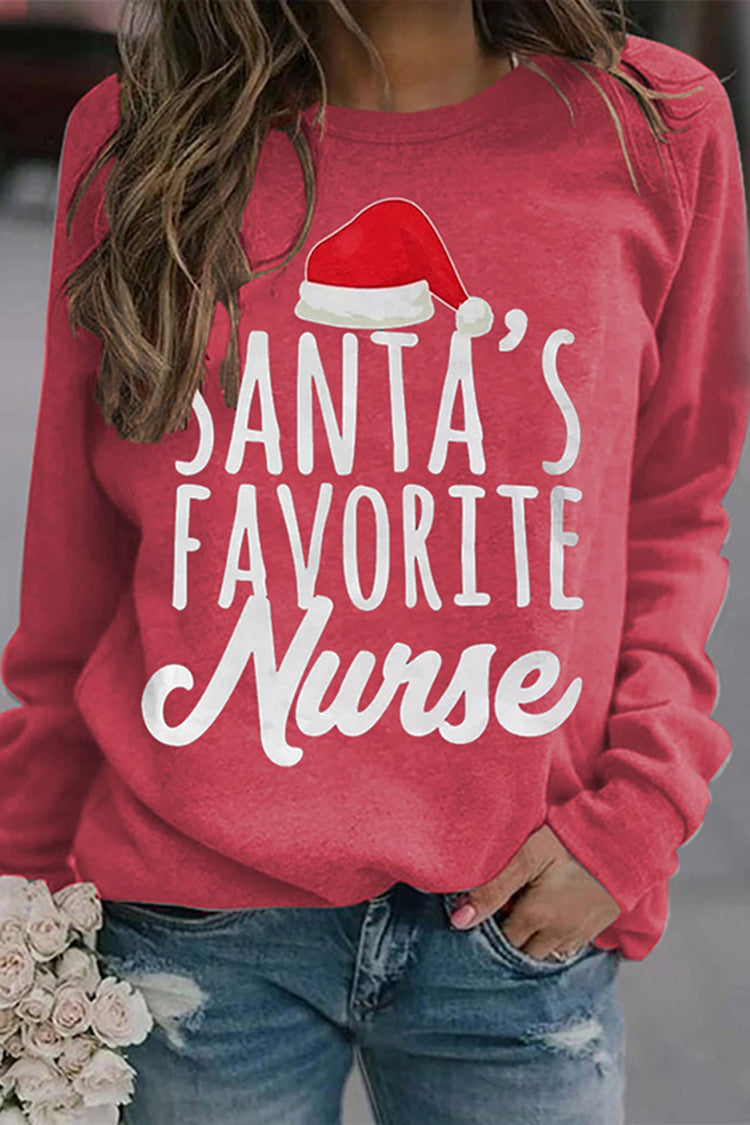 Santa's Favorite Nurse Print Round Neck Long Sleeve Sweatshirt