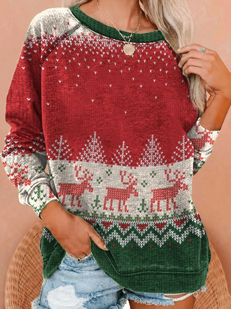 Christmas Elk Contrast Pattern Print Crew Neck Sweatshirt