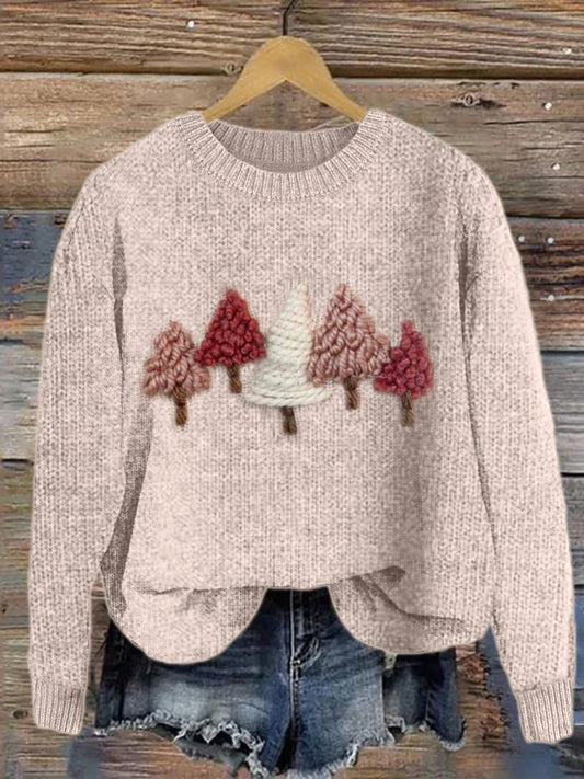 Pink Christmas Trees 3D Knit Art Cozy Sweater