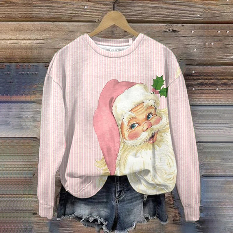 Pink Striped Santa Print Crew Neck Sweatshirt