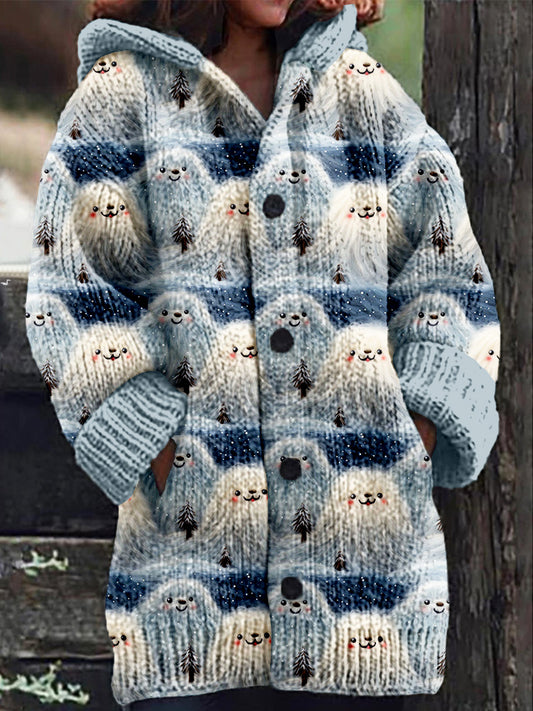 Snow Monster Yeti Embroidery Art Cozy Knit Cardigan