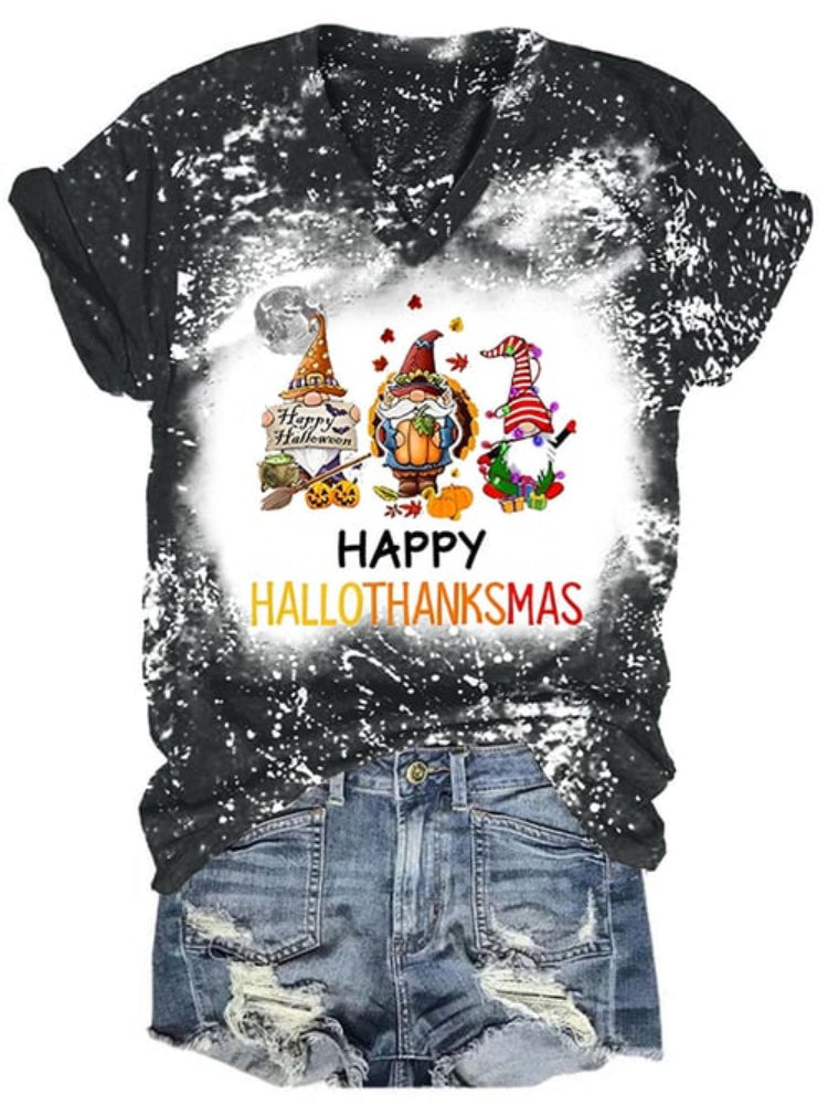 Happy Hallothanksmas Gnomes Print T Shirt