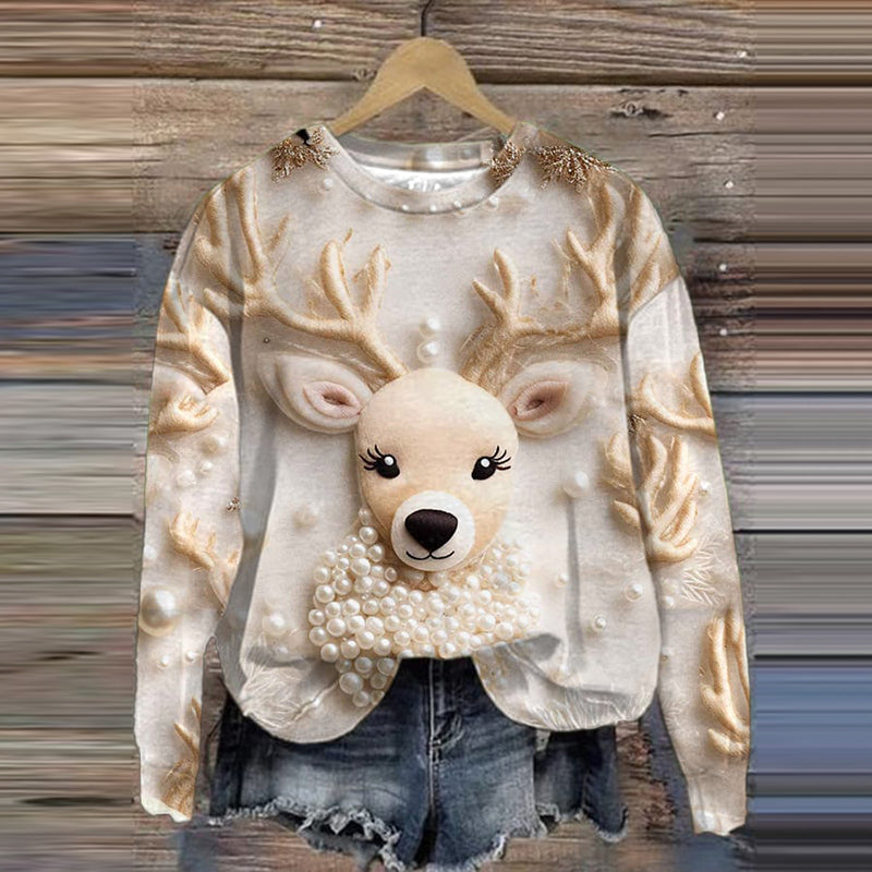 Christmas Elk Print Crew Neck Sweatshirt