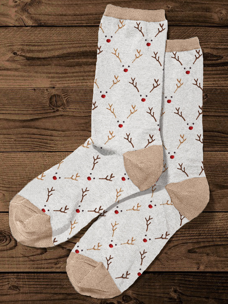 Christmas Reindeer Faces Embroidery Pattern Comfy Socks