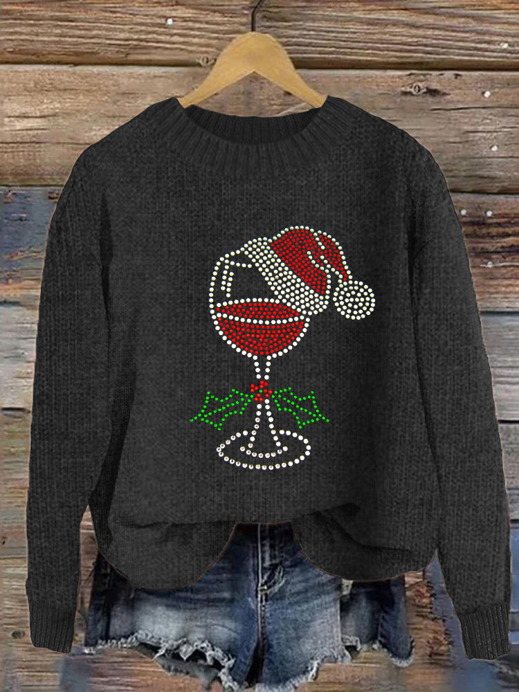 Christmas Red Wine Glass Diamond Crew Neck Sweater