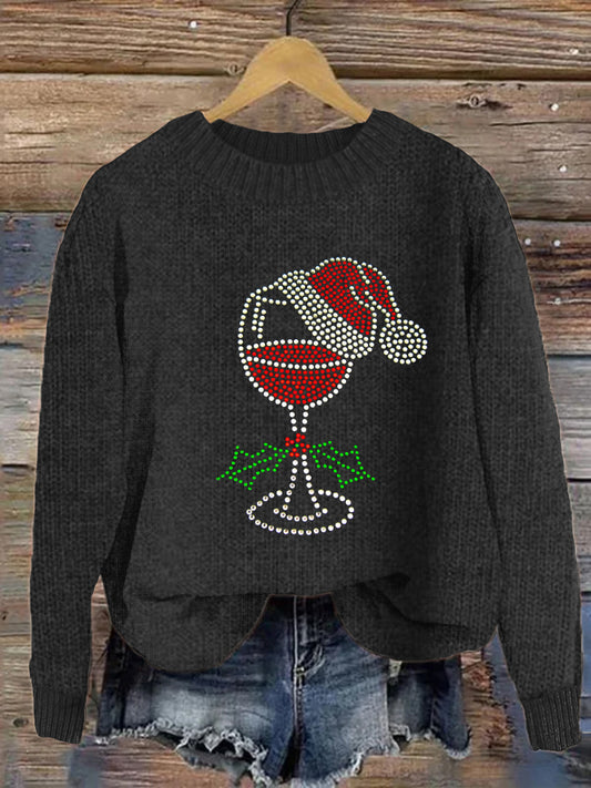 Christmas Red Wine Glass Diamond Crew Neck Sweater