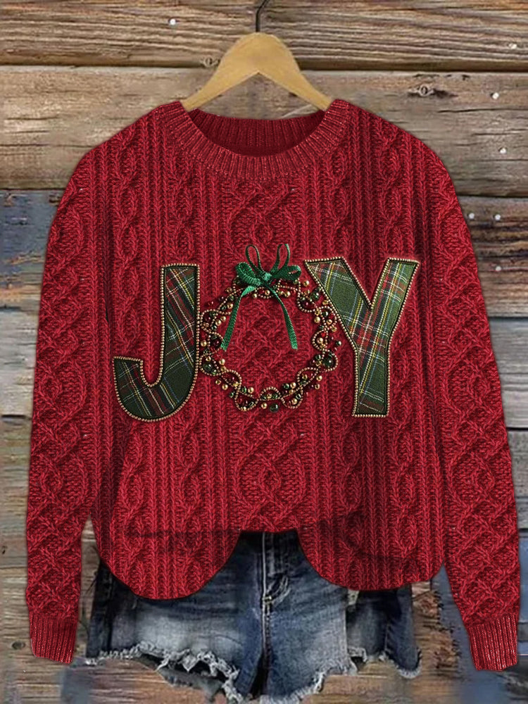 JOY Christmas Ornaments Beaded Textile Cable Knit Sweater