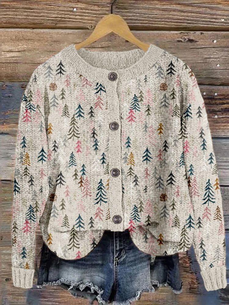 Christmas Trees Graphic Crew Neck Cozy Knit Cardigan