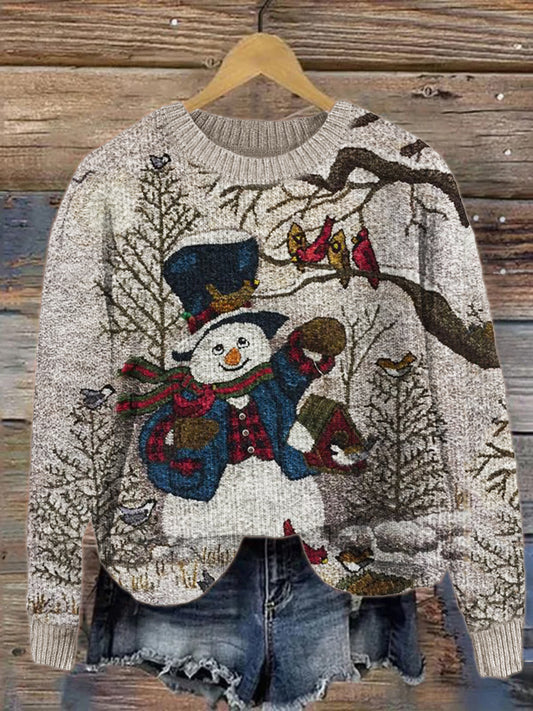 Forest Snowman with Birds Art Cozy Knit Sweater