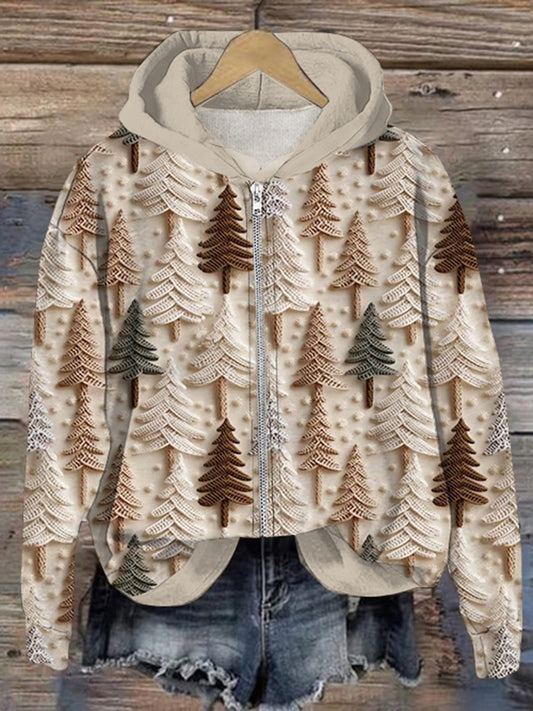 Embroidery Tree Pattern Full Zip Hoodie