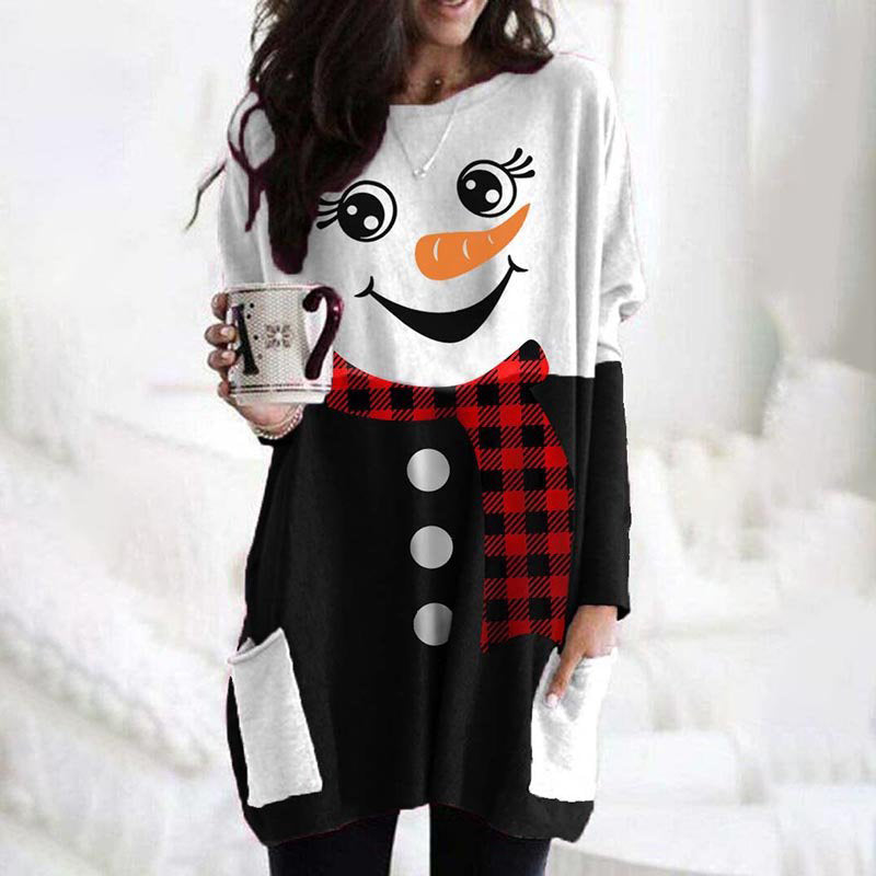 Christmas Snowman Print Crew Neck Casual Tunic