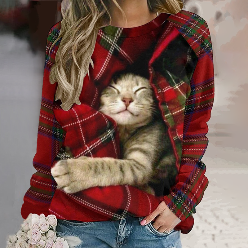 Check Cat Print Crew Neck Long Sleeve Sweatshirt