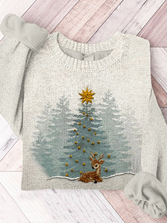 Christmas Deer Embroidery Art Cozy Knit Sweater