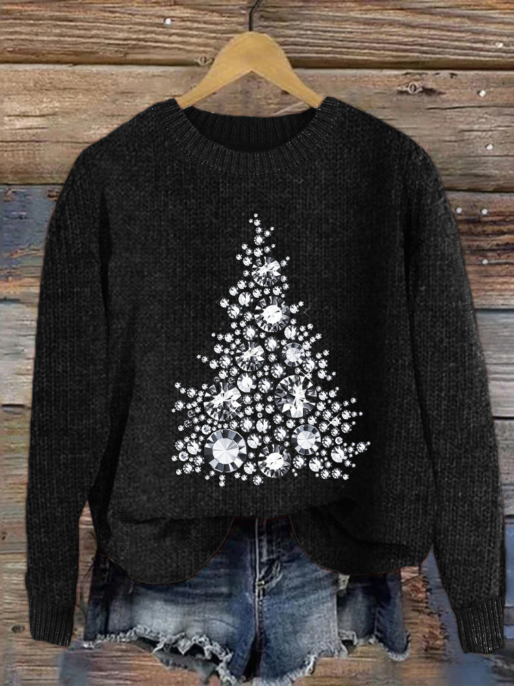 Christmas Tree Glitter Rhinestone Art Cozy Knit Sweater