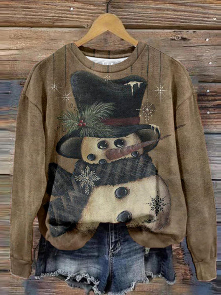 Retro Snowman Print Round Neck Long Sleeve Sweatshirt