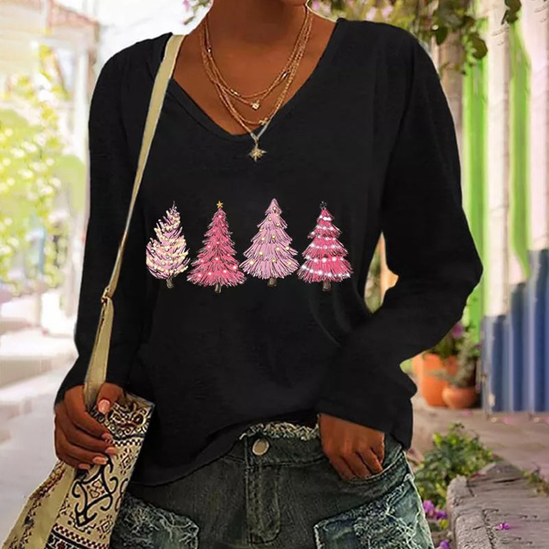 Women's Pink Christmas Tree Print V-Neck Long Sleeve T-Shirt