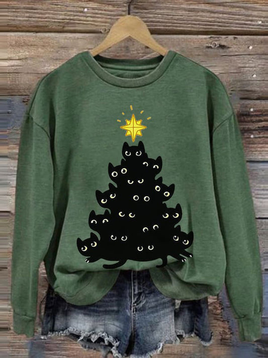 Christmas Tree Cat Print Crew Neck Sweatshirt