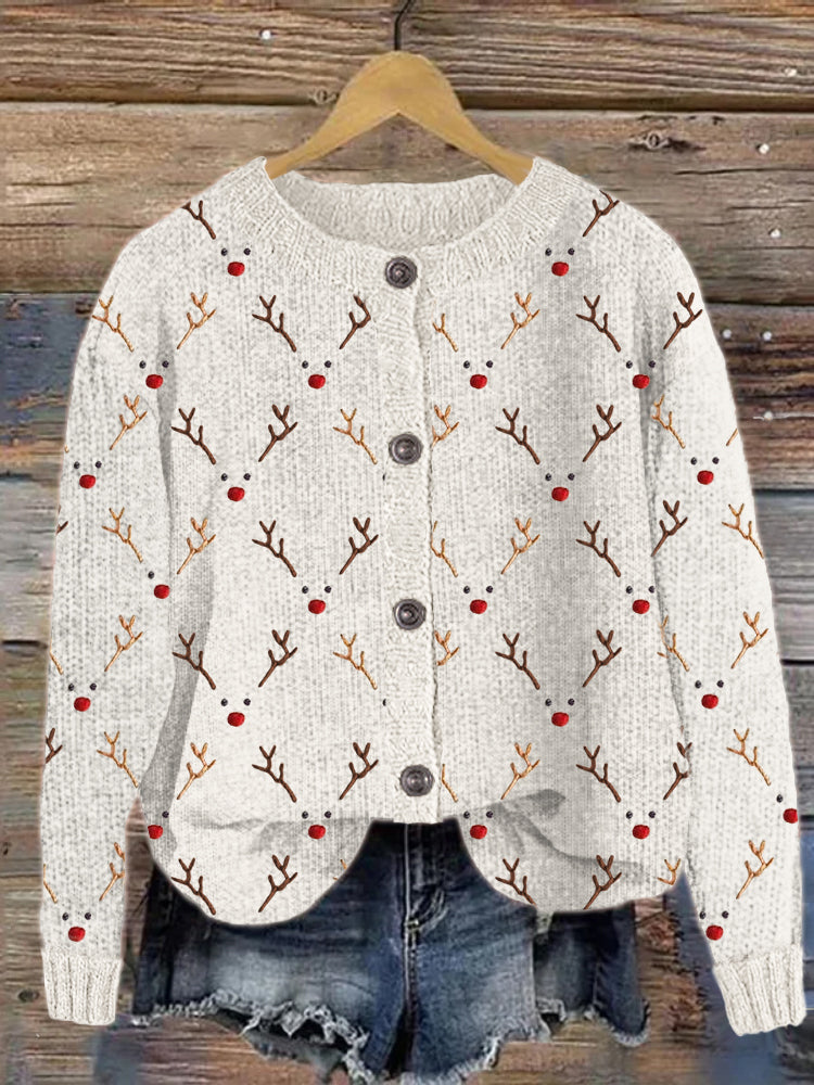 Christmas Reindeer Faces Embroidery Pattern Cozy Knit Cardigan