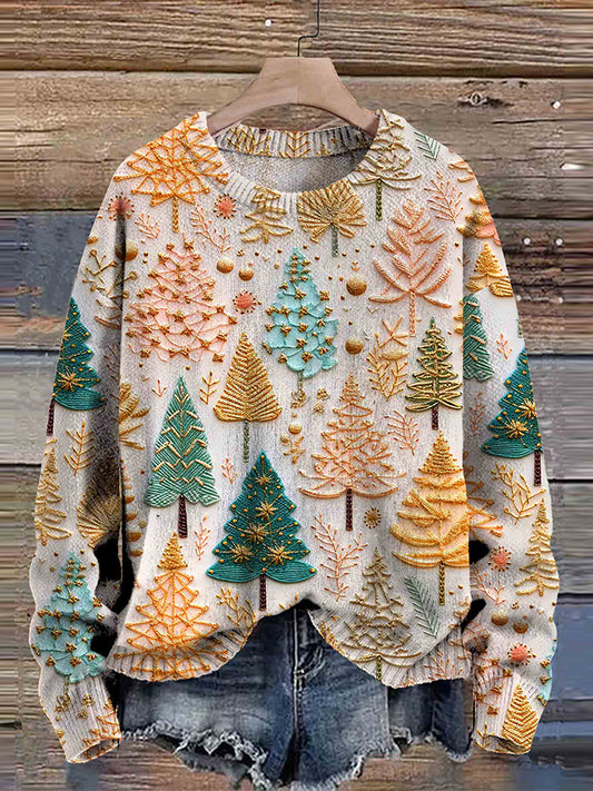 Christmas Tree Print Long Sleeve Knitted Pullover Sweater