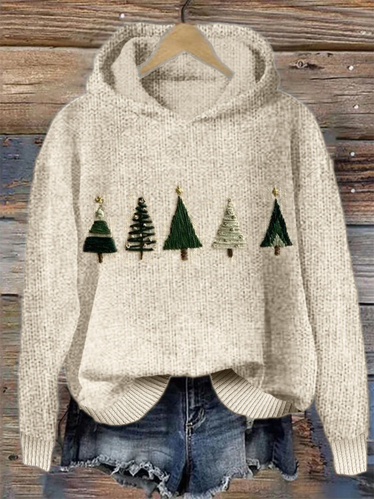 Christmas Trees Embroidery Art Cozy Knit Hoodie