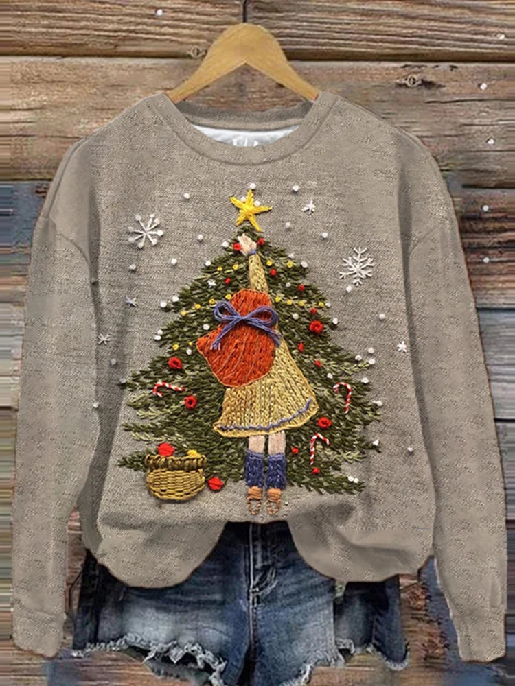 Little Girl Decorated Christmas Tree Printed Sweatshirt