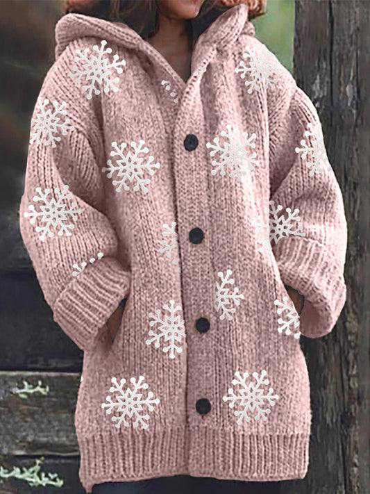 Snowflakes Plush Pattern Cozy Knit Hooded Cardigan