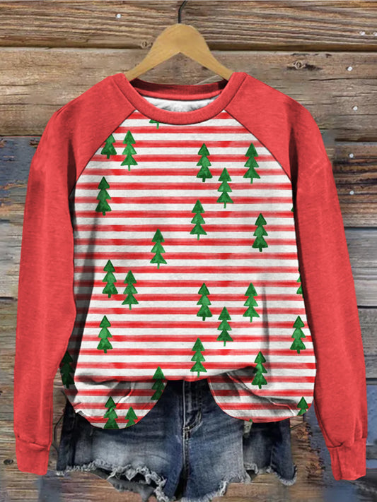 Watercolor Christmas Trees on Stripes Comfy Sweatshirt