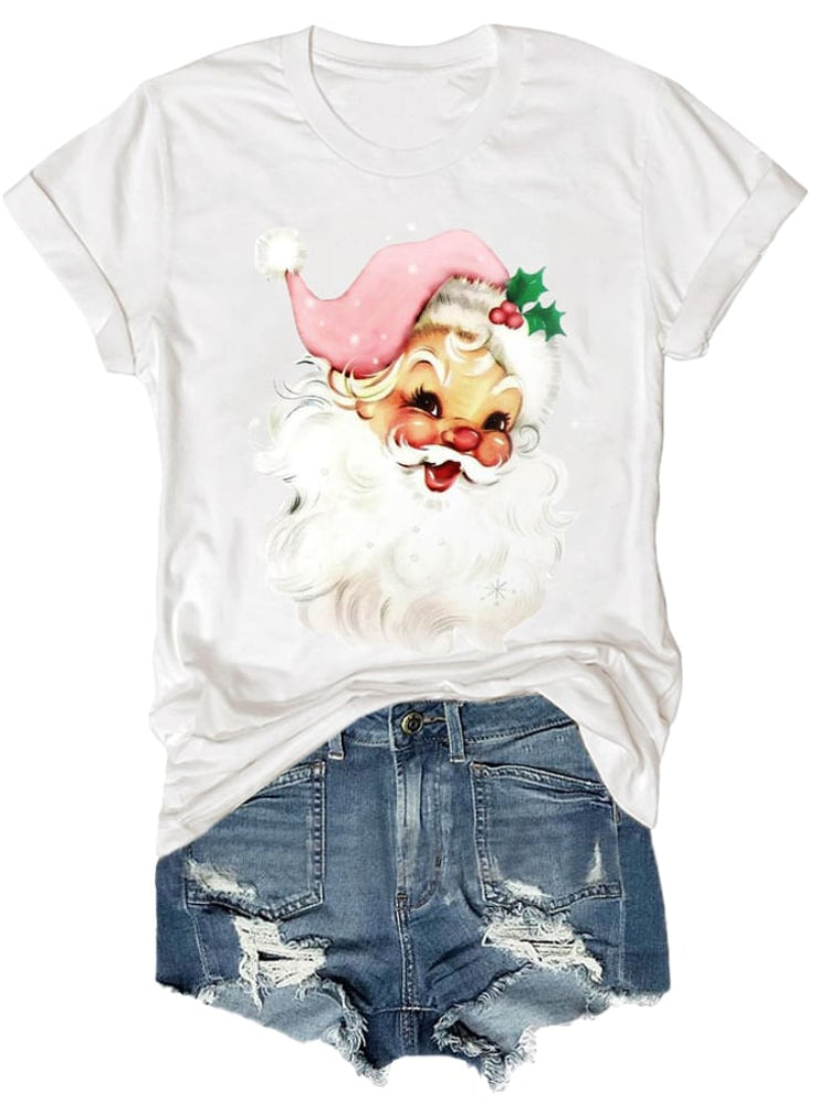 Christmas Retro Pink Santa Print T Shirt