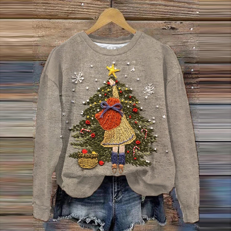 Little Girl Decorated Christmas Tree Printed Sweatshirt