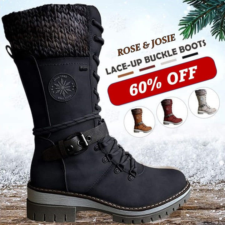 🔥 Last Day 60% OFF 🔥 Avery - Women Buckle Lace Knitted Mid-calf Boots