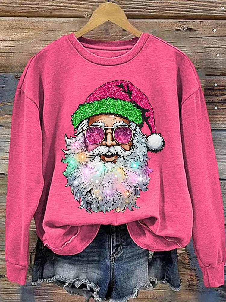 Santa with Sunglasses Printed Christmas Casual Cozy Sweatshirt