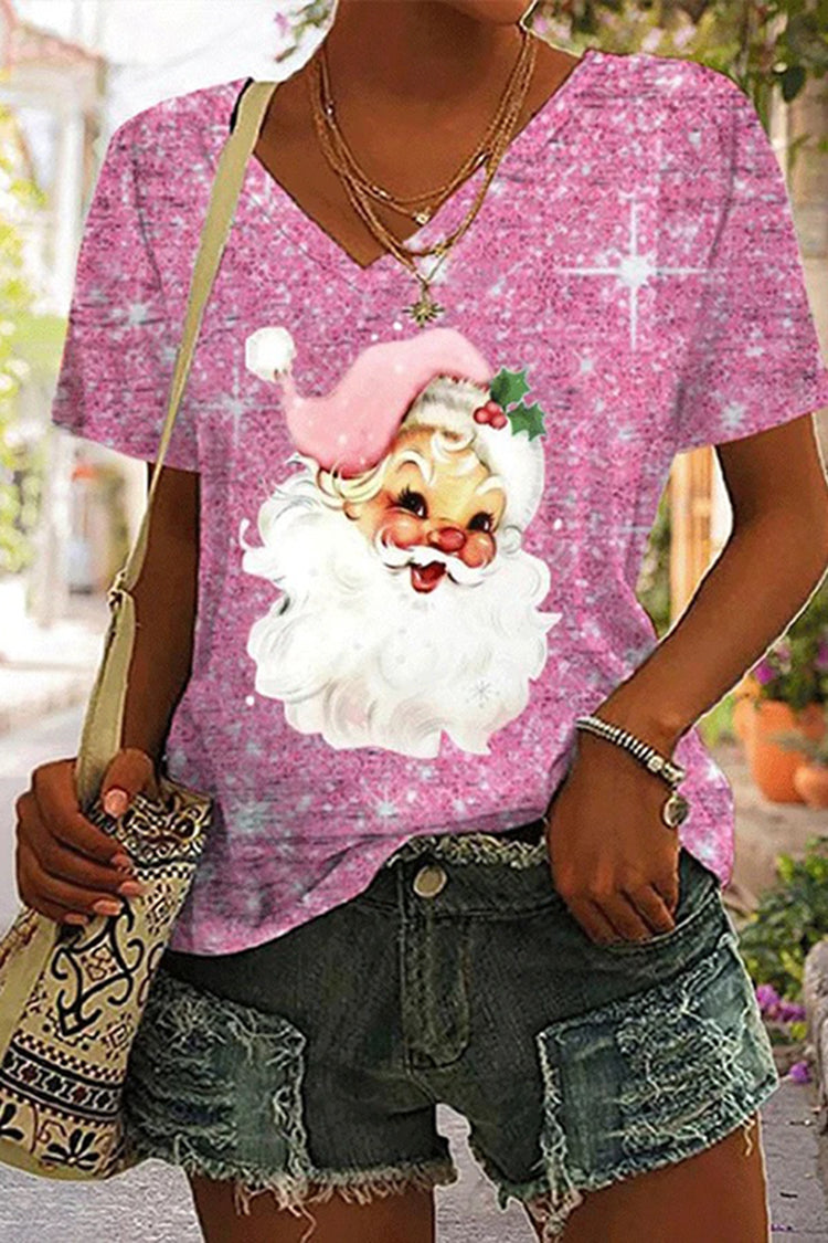 Women's Pink Christmas Santa Print V Neck T-Shirt