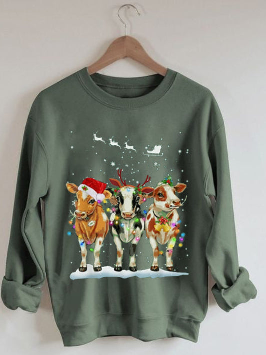 Three Funny Christmas Cows Print Sweatshirt