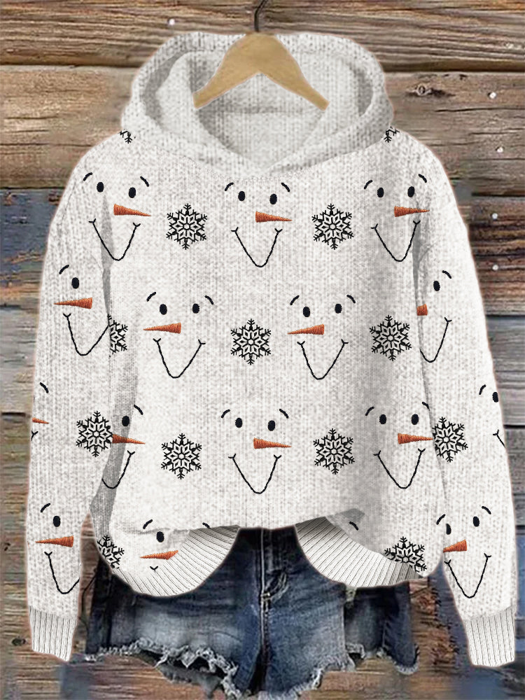 Snowman Faces & Snowflakes Embroidered Cozy Knit Hoodie