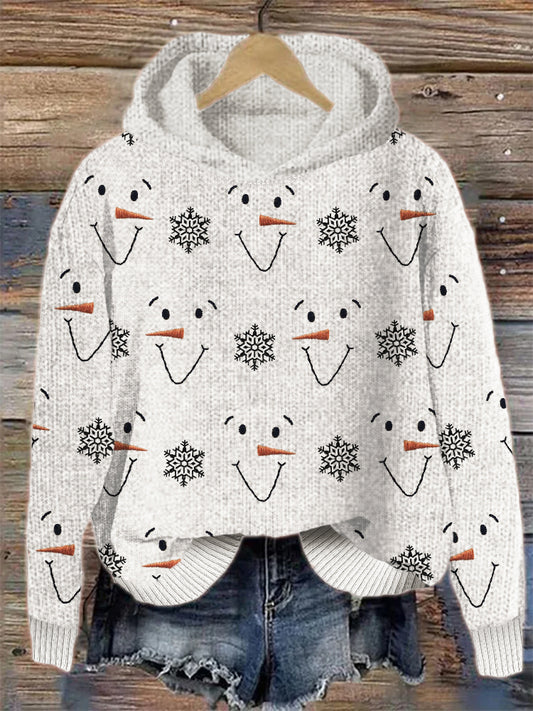 Snowman Faces & Snowflakes Embroidered Cozy Knit Hoodie