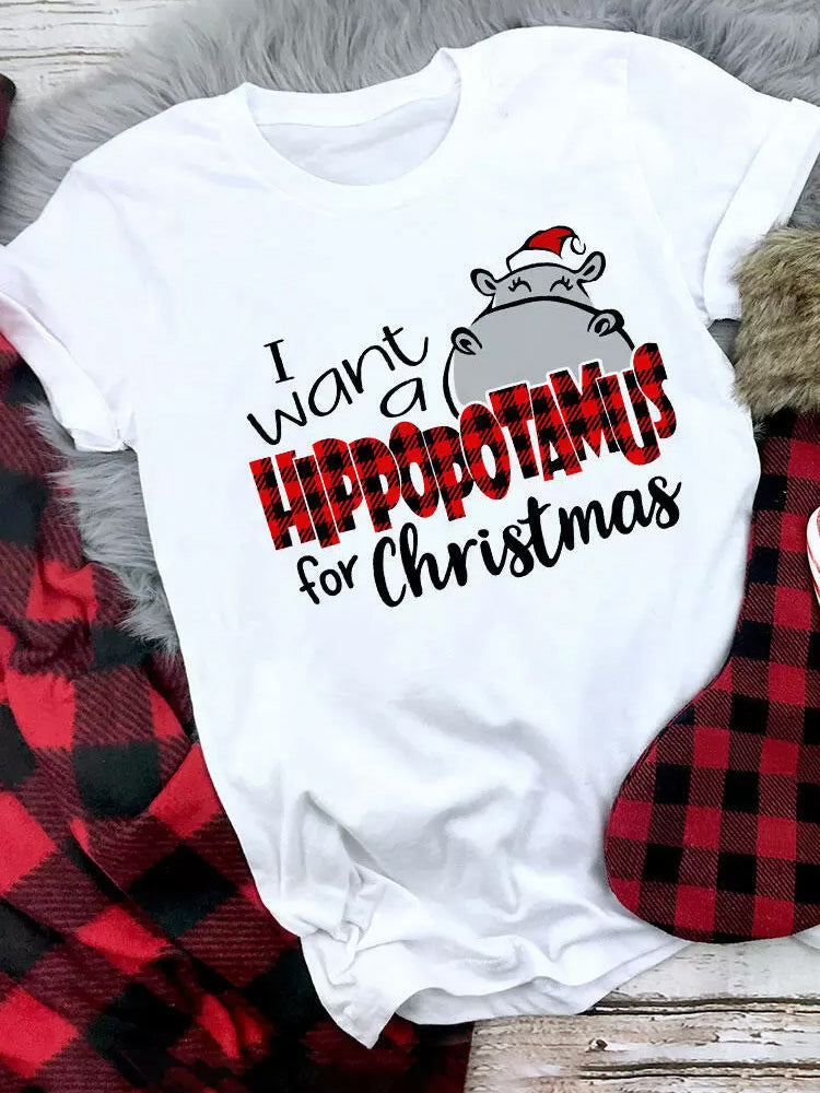 Hippo Christmas Print Short Sleeve T-Shirt