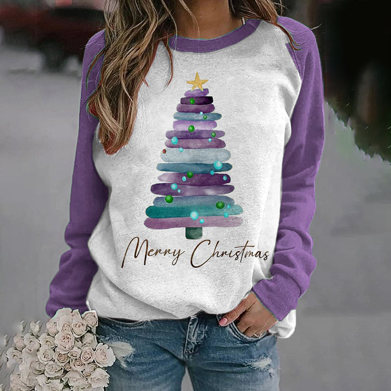 Purple Merry Christmas Tree Print Sweatshirt