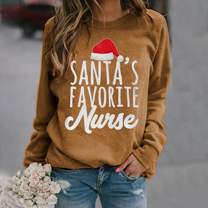 Santa's Favorite Nurse Print Round Neck Long Sleeve Sweatshirt