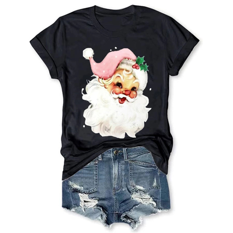 Christmas Retro Pink Santa Print T Shirt