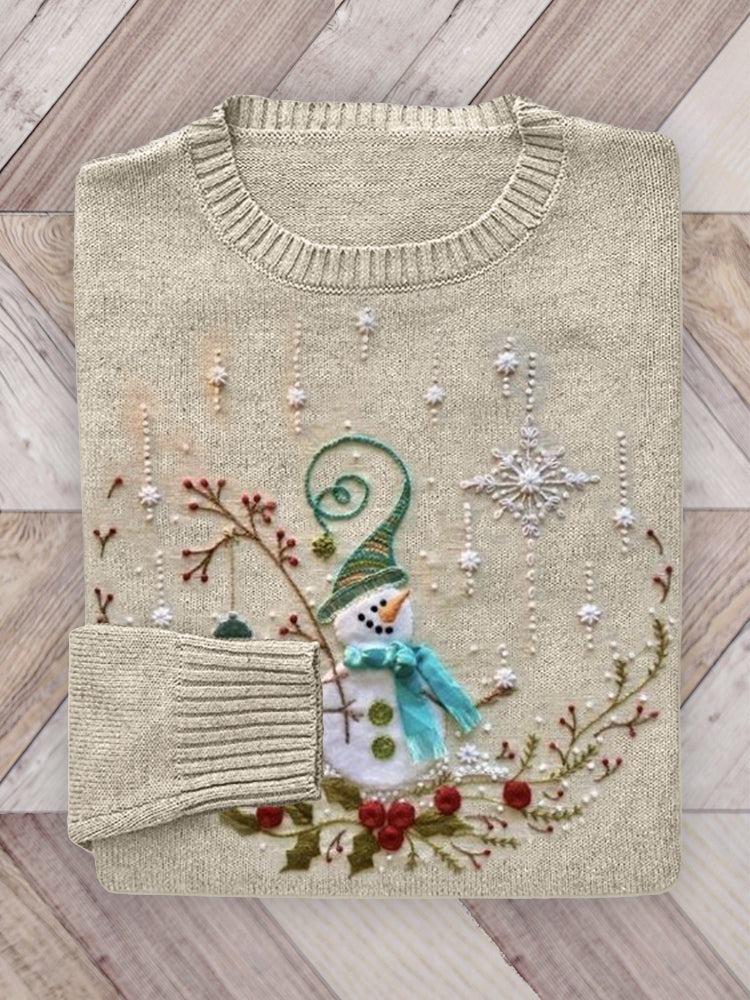 Christmas Snowman Embroidery Art Cozy Knit Sweater