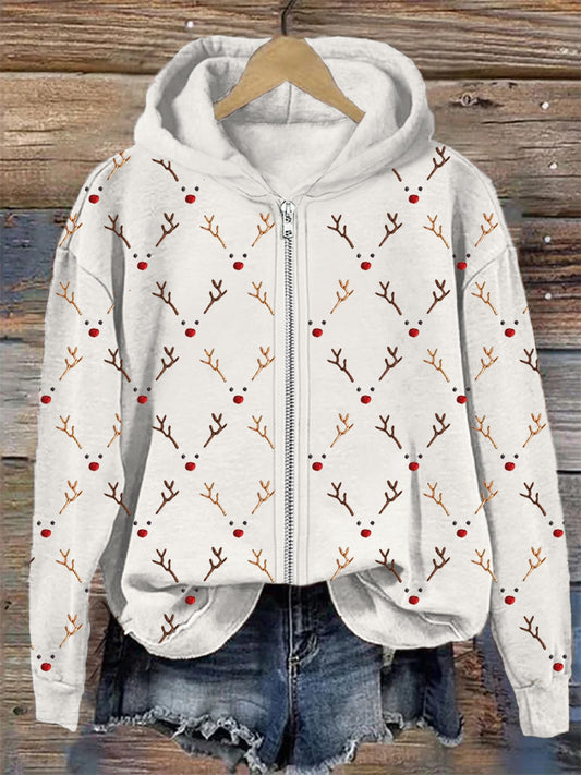 Christmas Reindeer Faces Embroidery Pattern Full Zip Hoodie