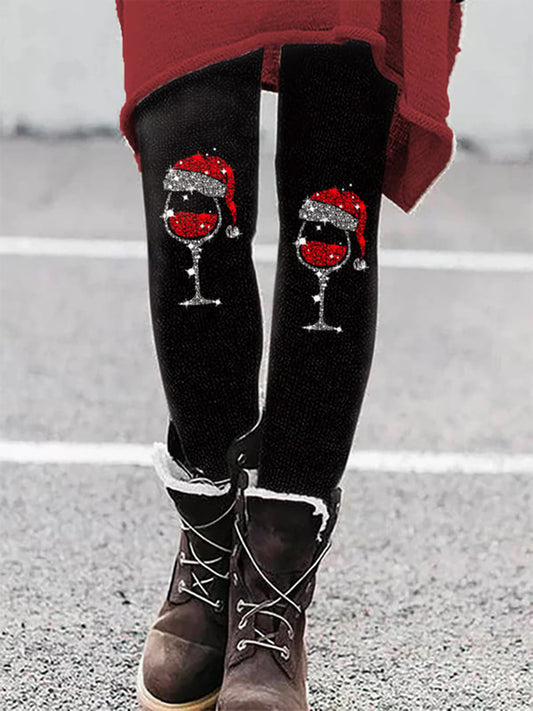 Christmas Wine Glass Print Leggings