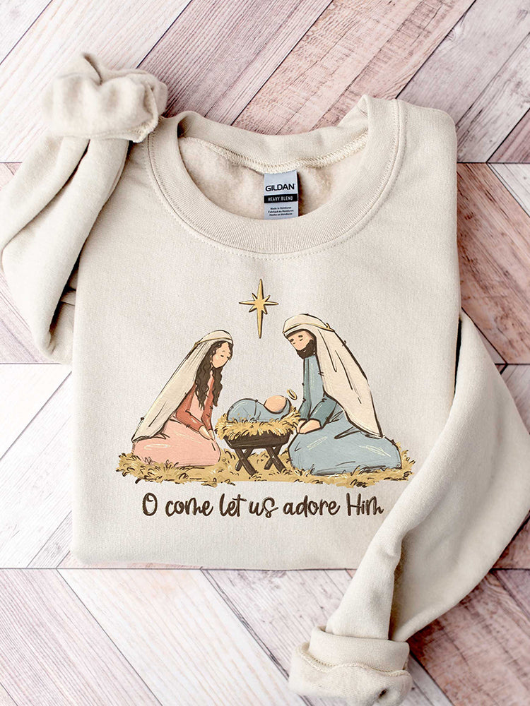 Oh Come Let Us Adore Him Embroidered Art Casual Cozy Sweatshirt