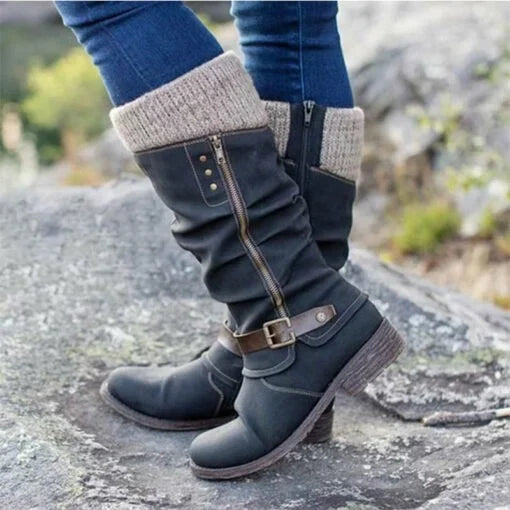 🔥LAST DAY -【40% OFF】Women’s Leather Flat Heel Mid-Calf Zipper Boots