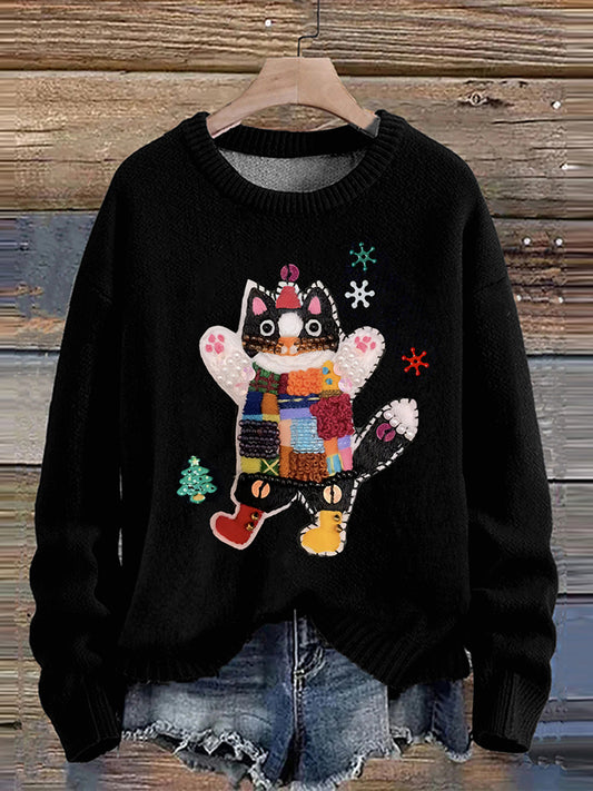 Christmas Jewelry Art Happy kitten Print Knit Pullover Sweater