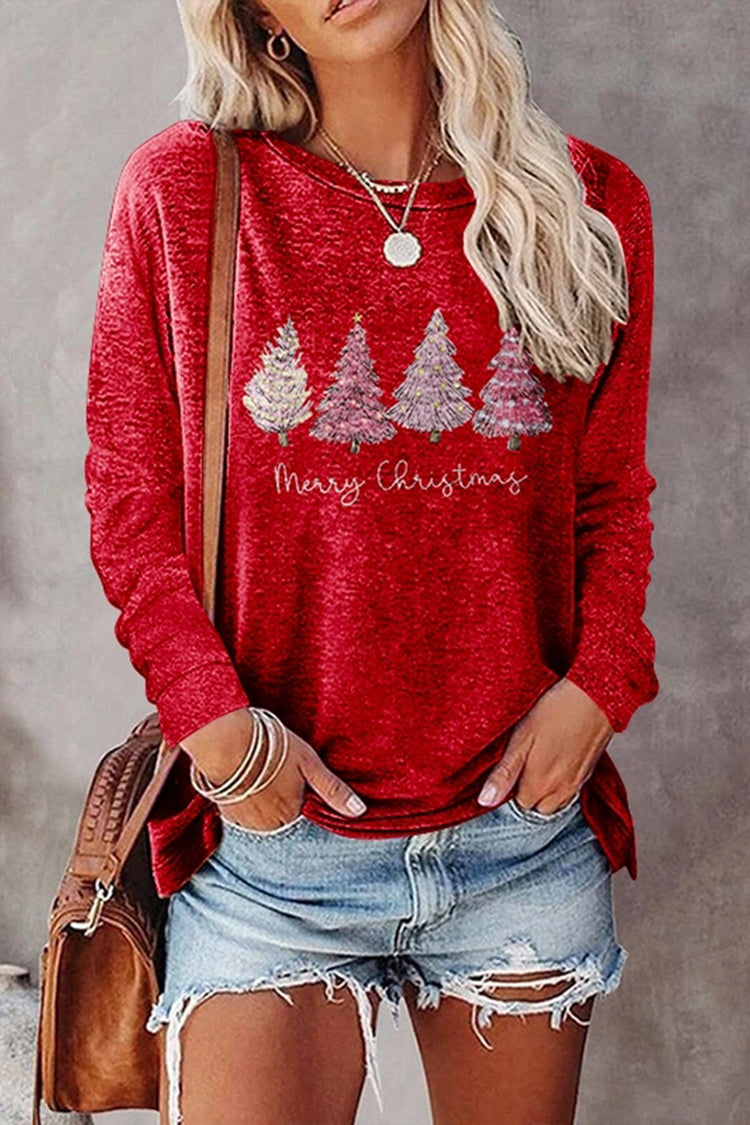 Christmas Tree Print Round Neck Casual T-Shirt