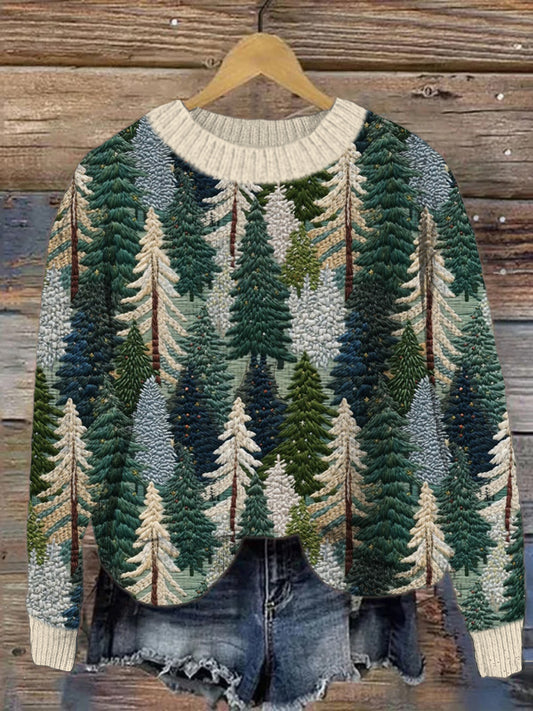 Forest Embroidery Crew Neck Knit Sweater